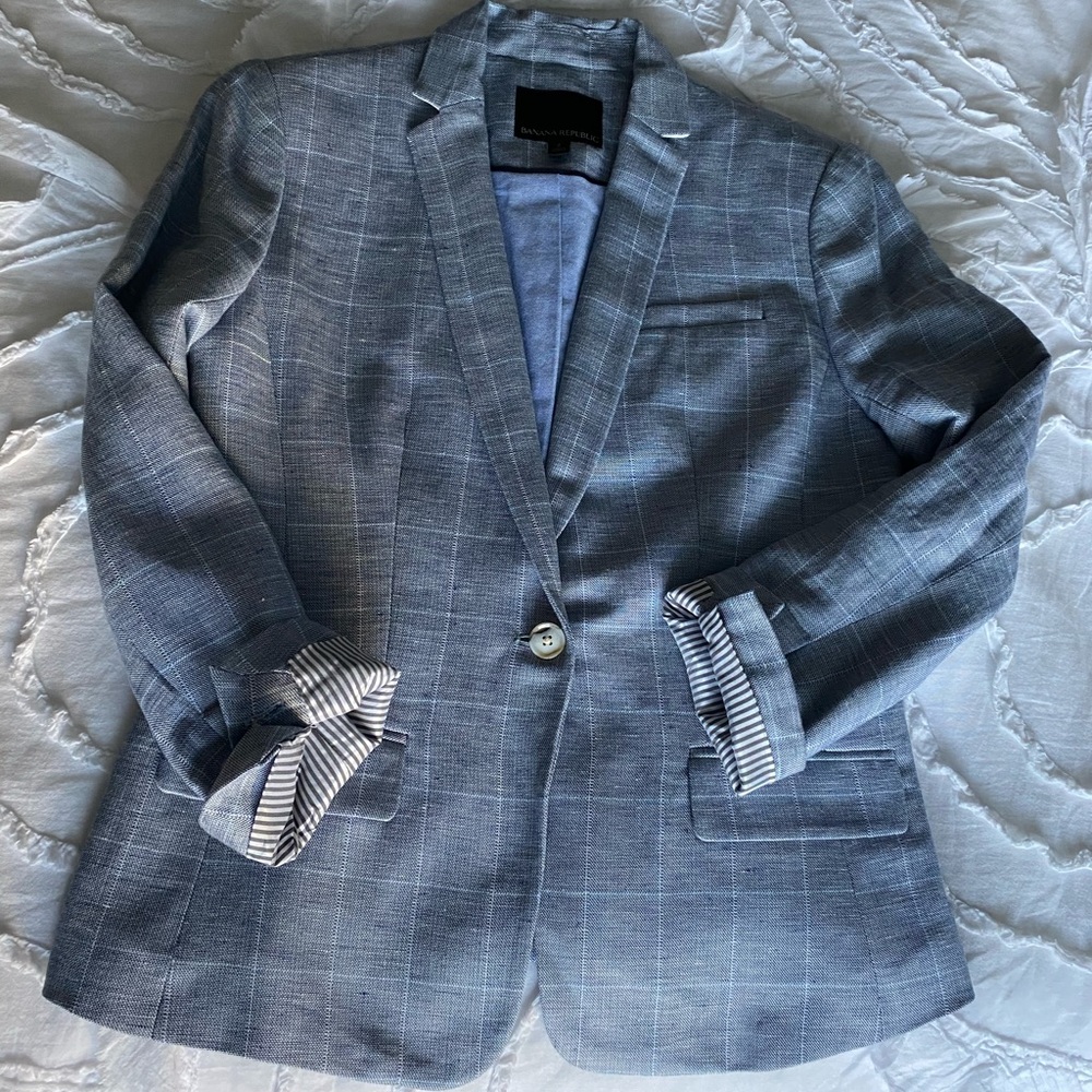 BANANA REPUBLIC - Plaid Blue & White Linen Blazer